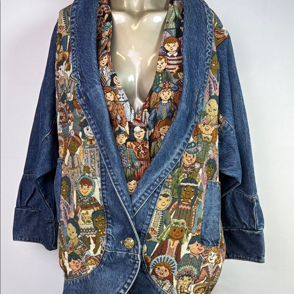 90s Vintage Denim Tapestry Jacket & Vest World Blue Jean 1980’s USA Nadia